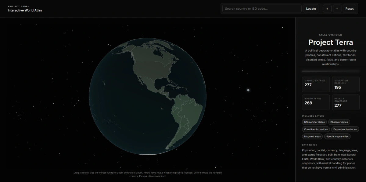 Project Terra interactive world atlas with a navigable globe, country search and structured geographic data